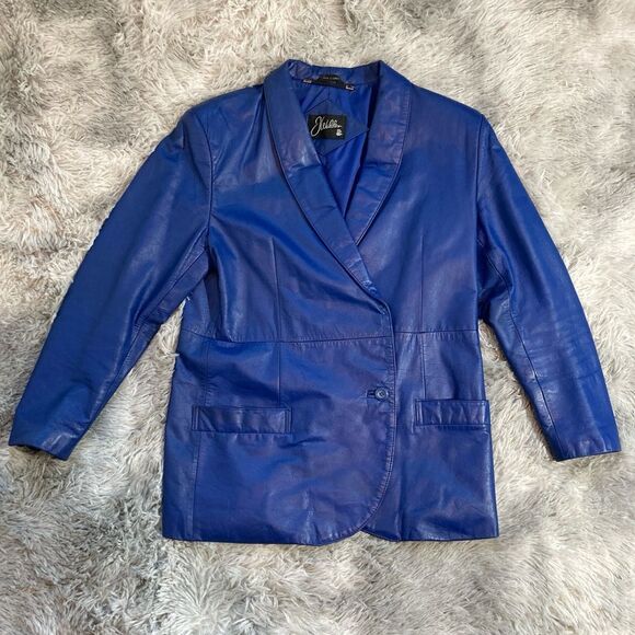 Vintage 80s/90s Medium Bright Blue Leather Blazer Jacket Womens Medium - Picture 1 of 14
